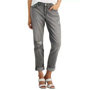 INC International Concepts Women's Mid Rise Ripped Straight-Leg Jeans, Grey
